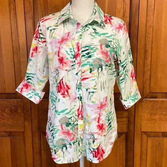 Investments Tops - Investments Wrinkle-free Button Down 3/4 Length Sleeve Multicolor Cotton Blouse